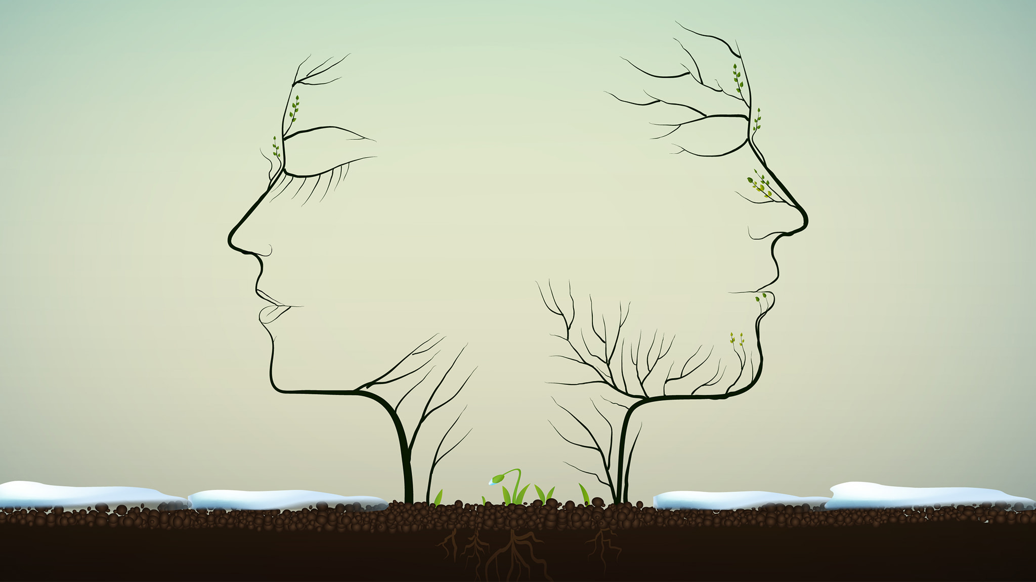 An Illustration Of Two Trees With The Branches Depicting The Faces Of A Woman And Man Facing Away From Each Other With Small Plants Growing Between Them