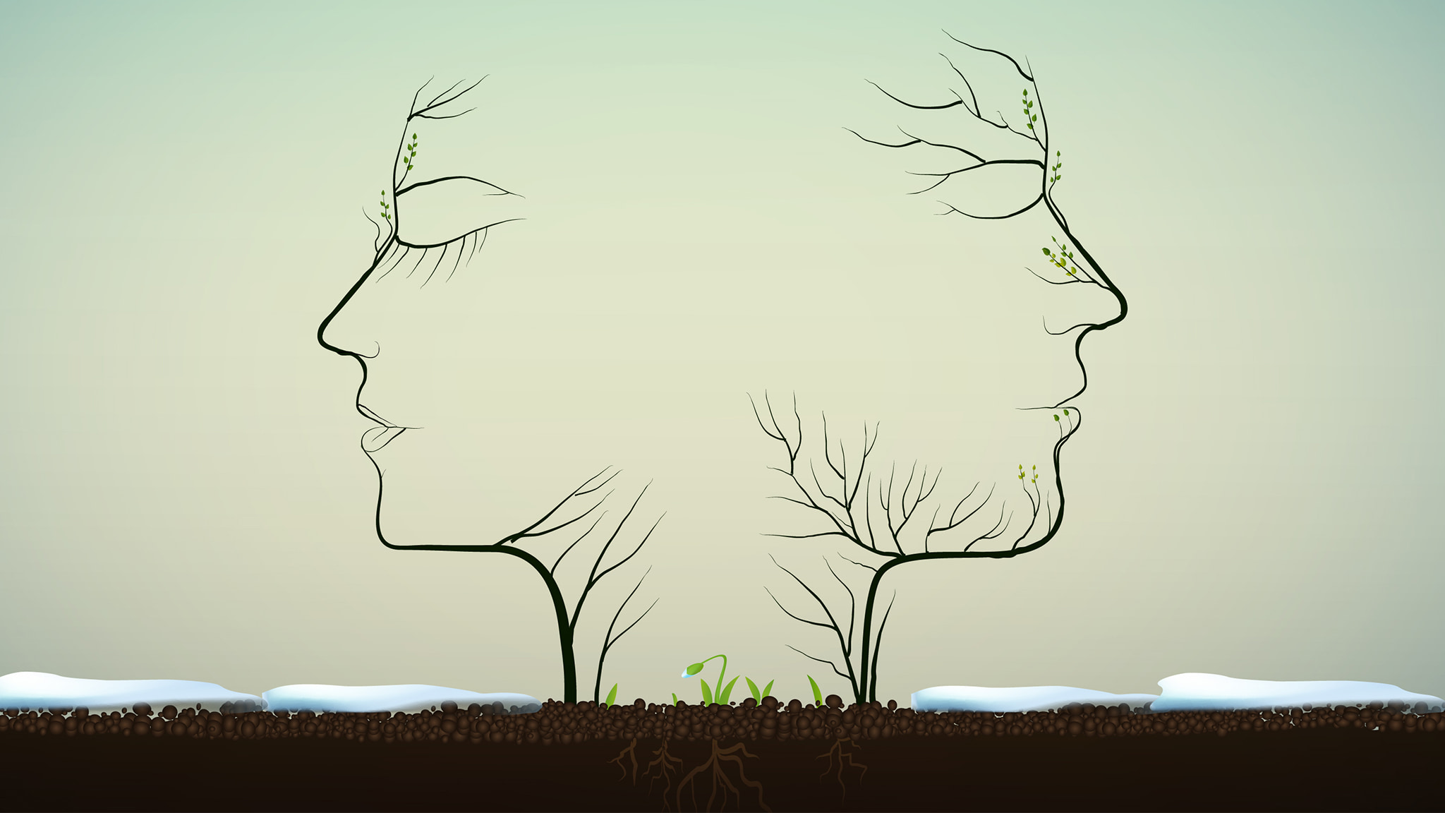 Divorce Doesn't Mean Loneliness: It Can Actually Be Good For You An Illustration Of Two Trees With The Branches Depicting The Faces Of A Woman And Man Facing Away From Each Other With Small Plants Growing Between Them