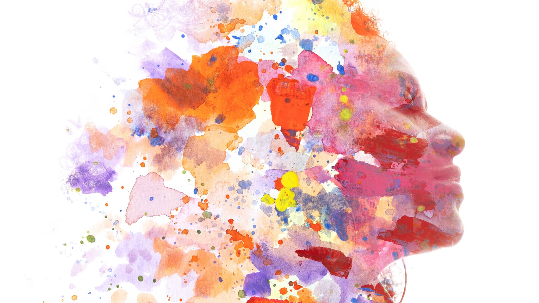 Watercolor Silhouette Of Woman's Face Looking To The Right, The Back Of Her Head Fading Into A Cacophony Of Paint Splashes, Mental Health Concept