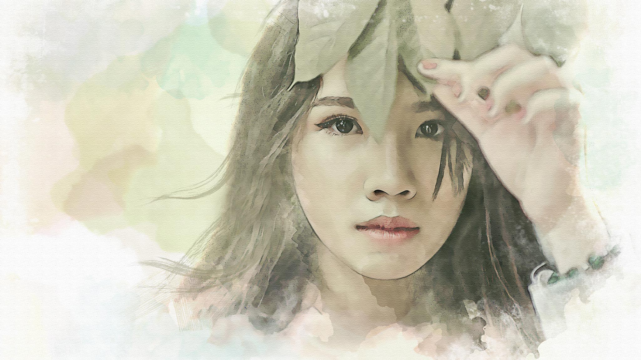 Watercolor Illustration Of Thoughtful Asian Woman Looking At The Viewer From Behind Leaves