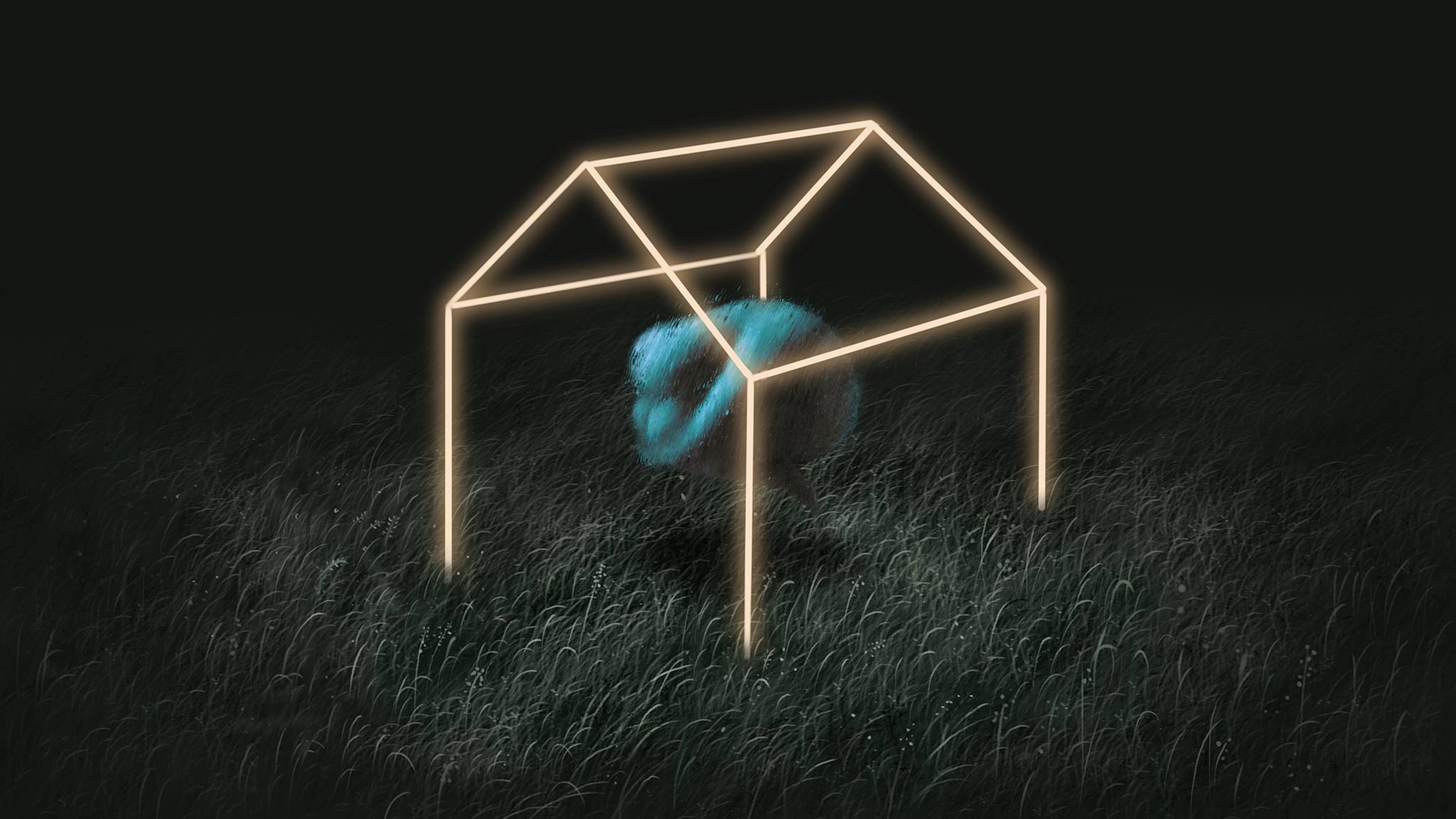 Illustration Of Human Figure In Fetal Position, Trapped Within The Glowing Outline Of A House, Loneliness Concept