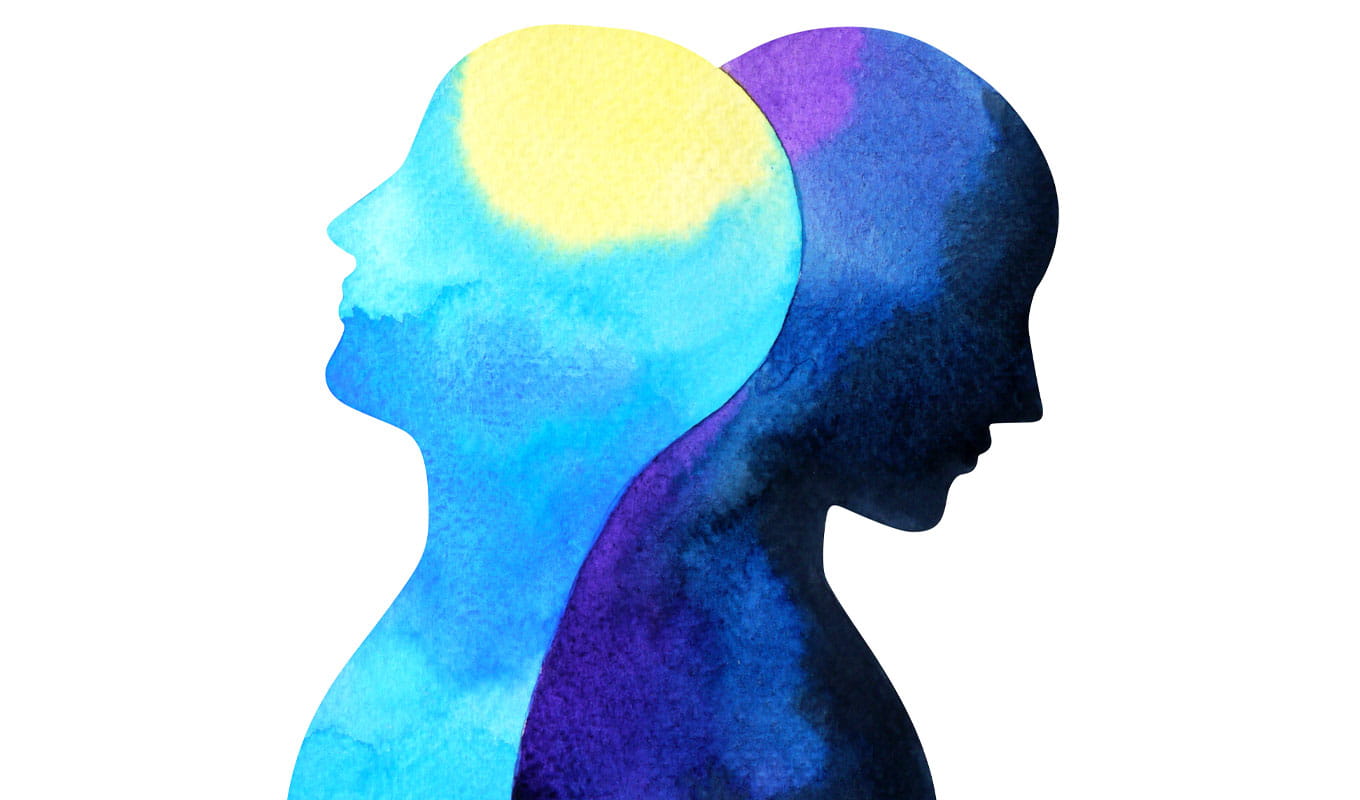 abstract water color painting of two contrasting blue heads leaning against each other, symbolizing the duality of bipolar disorder and creating loneliness within a person