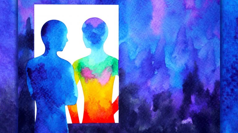 Abstract Watercolor Painting Of Person Staring At Their Silhouette Reflection In White Space Mirror