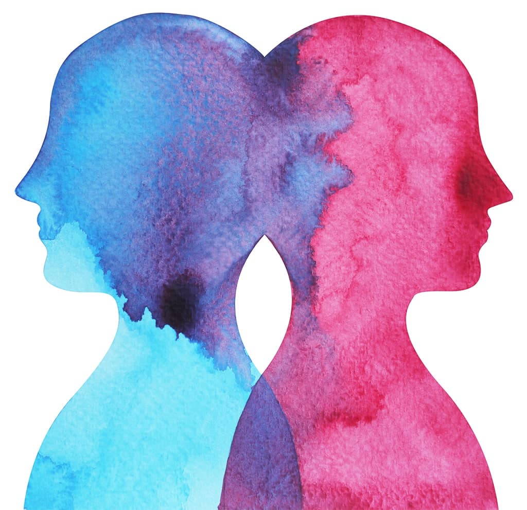 Watercolor Image Of A Pink Silhouette Person And A Blue Silhouette Person Back To Back With Their Heads AndBack Melded Together To Signify A Connection