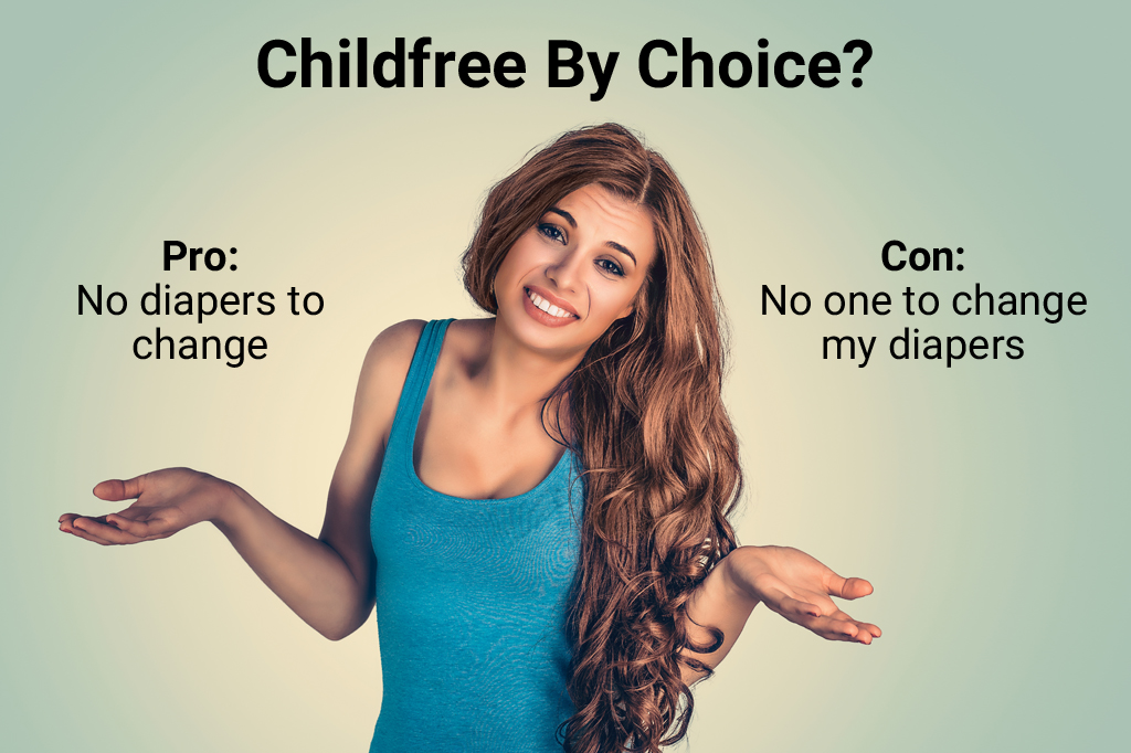 Woman Shrugging Her Shoulders With Palms Upwards Against A Plain Background With Snarky Text Of A Pro And Con Of Being Childfree