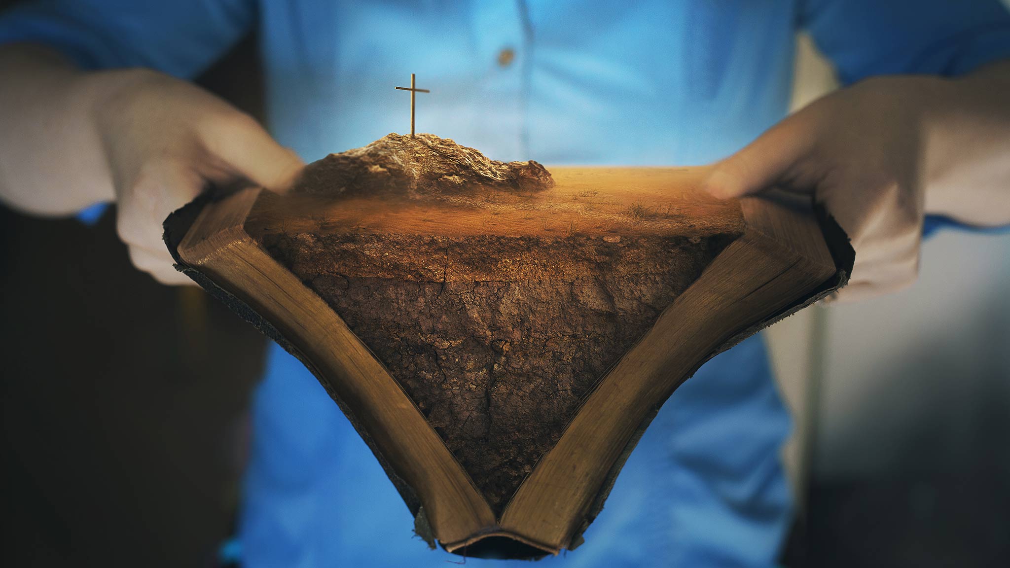 Closeup Composite Of Woman Holding Bible Open With Packed Dirt Between The Pages And a Cross Emerging From The Top