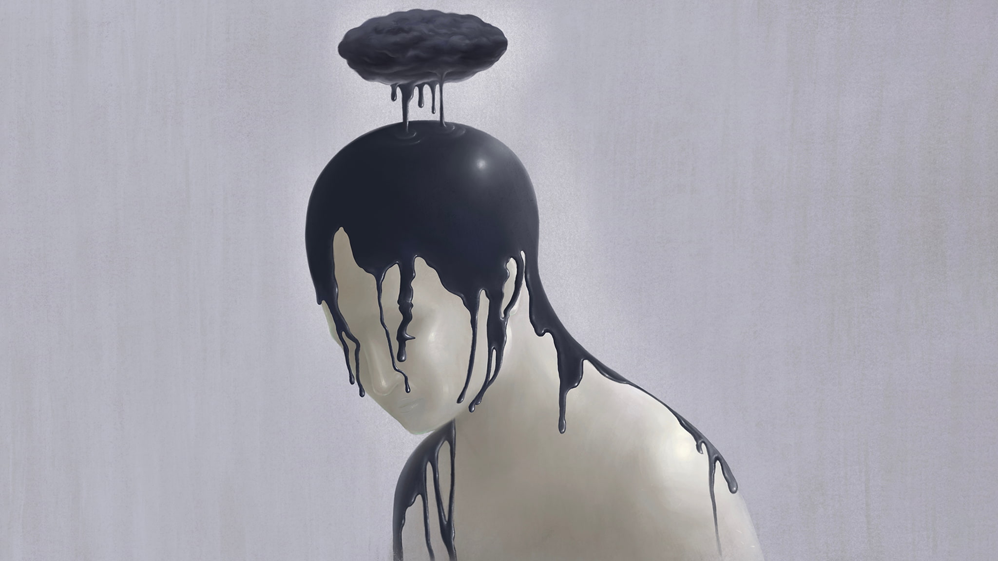 Surreal Illustration Of A Person Made Of Stone With A Black Dripping Cloud Above Their Head To Illustrate Chronic Loneliness