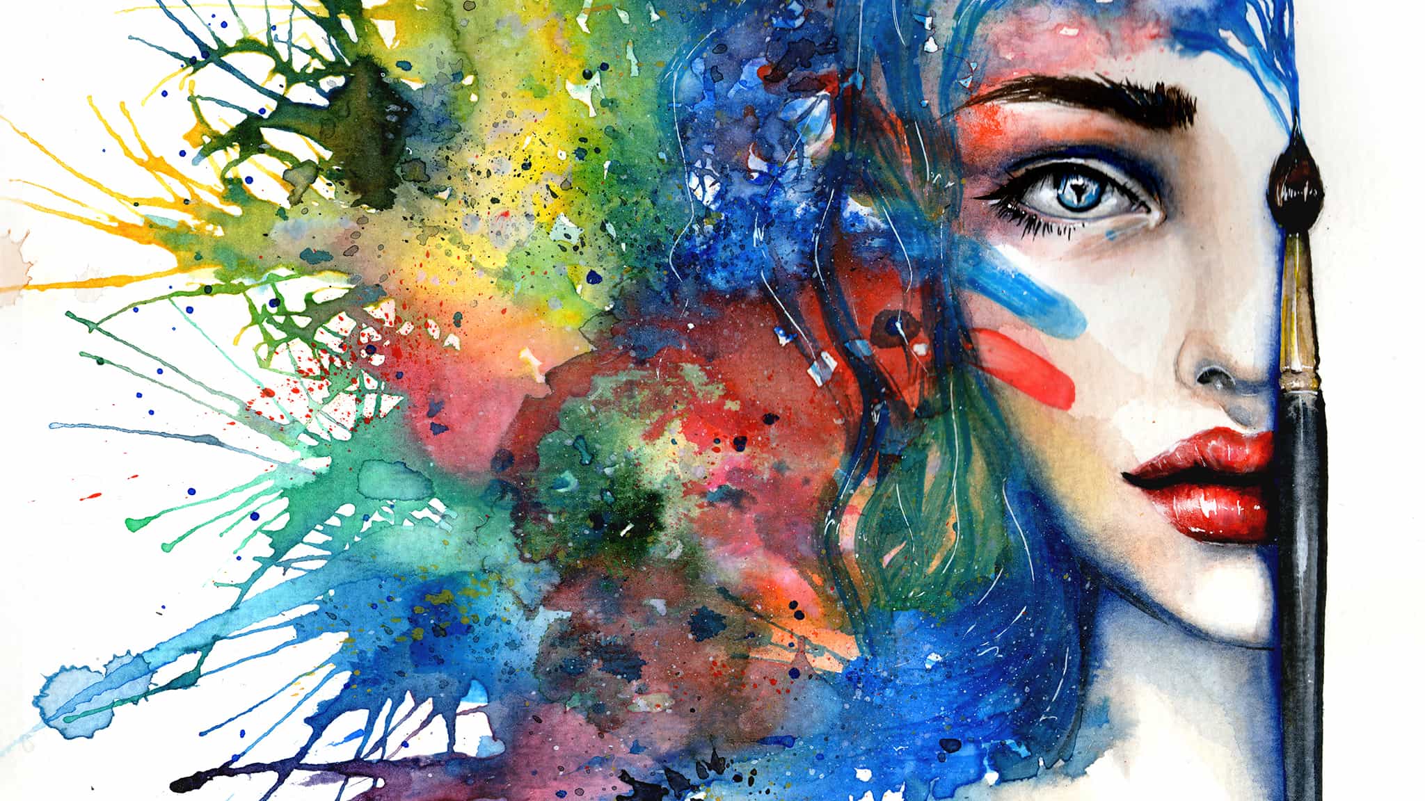 A Painting Of Half Of A Woman's Face With Colorful Splashes Of Color As Hair To Illustrate Creativity