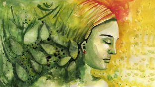 Colorful Silhoutte Painting Of Thoughtful Woman Wearing Headwrap, Changing Seasons And Location Concept