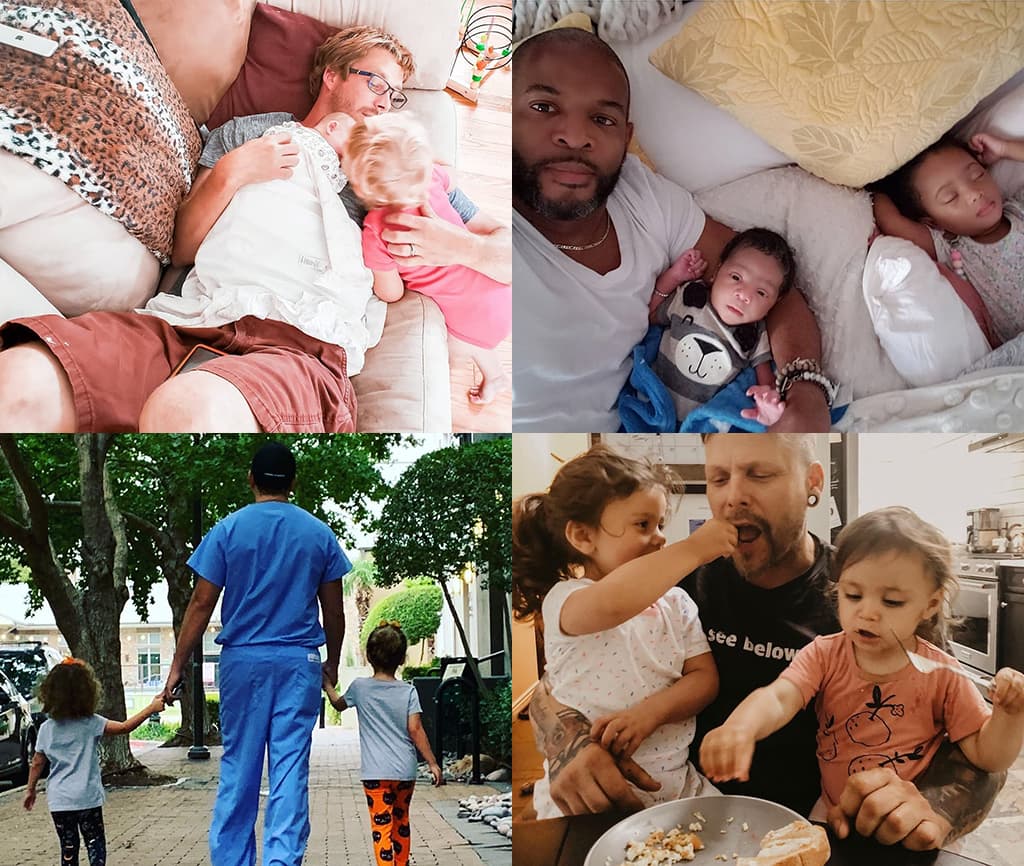 montage of 4 images of dads in their parenthood journey, experiencing moments of joy and moments of loneliness and guilt