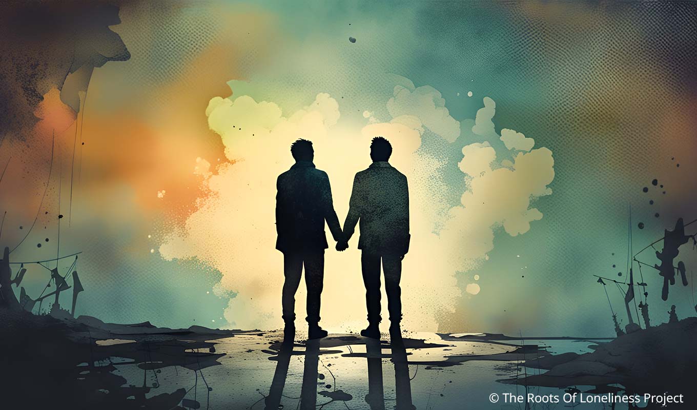 inky illustration featuring the silhouette of two men holding hands while looking toward a brightening sky before them, dealing with sexual frustration and loneliness as a couple concept