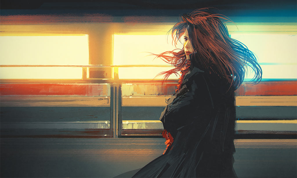 Illustration Of Young Woman Standing Alone And Looking Behind Her, Concept Of Being Alone