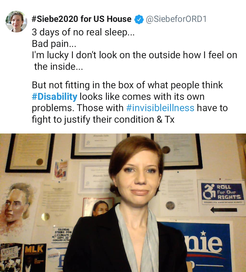 Twitter Post Of A Woman Describing How Disability Doesn't Always Look On The Outside Like It Feels On The Inside Including An Image Of The Woman Wearing Dress Clothes With Her Hair Pulled Back And Smiling