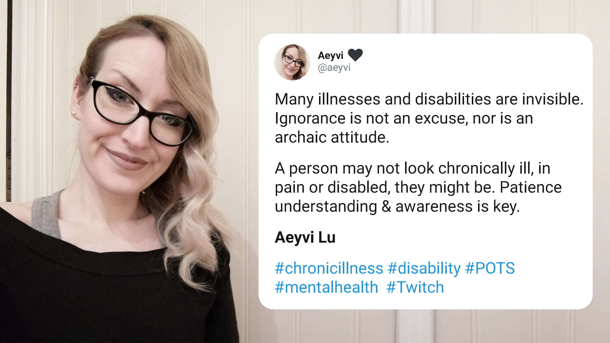 Twitter Post Describing A Woman's Experience With Disability Next To A Portrait Of Her Smiling