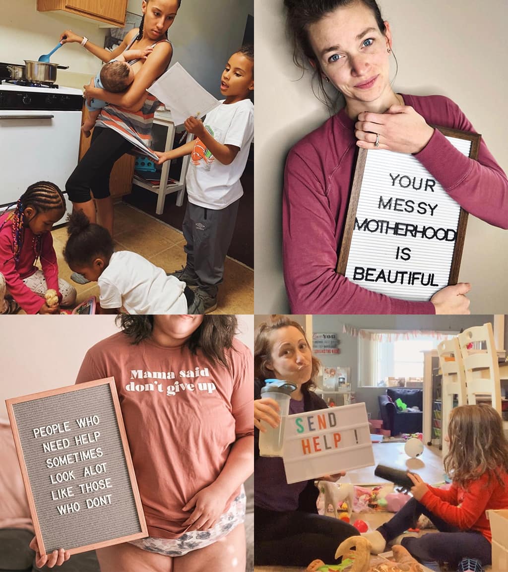 montage of 4 photos of moms embracing the messiness of motherhood and addressing the feelings of guilt and loneliness