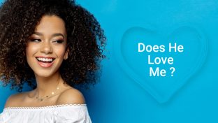Multi-Racial Woman Smiling Against Blue Background With The Words "Does He Love Me"
