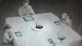 Dark Humor Illustration About Technology Of A Family Saying Grace Before Dinner As They Pray To Their Phones And WiFi Router