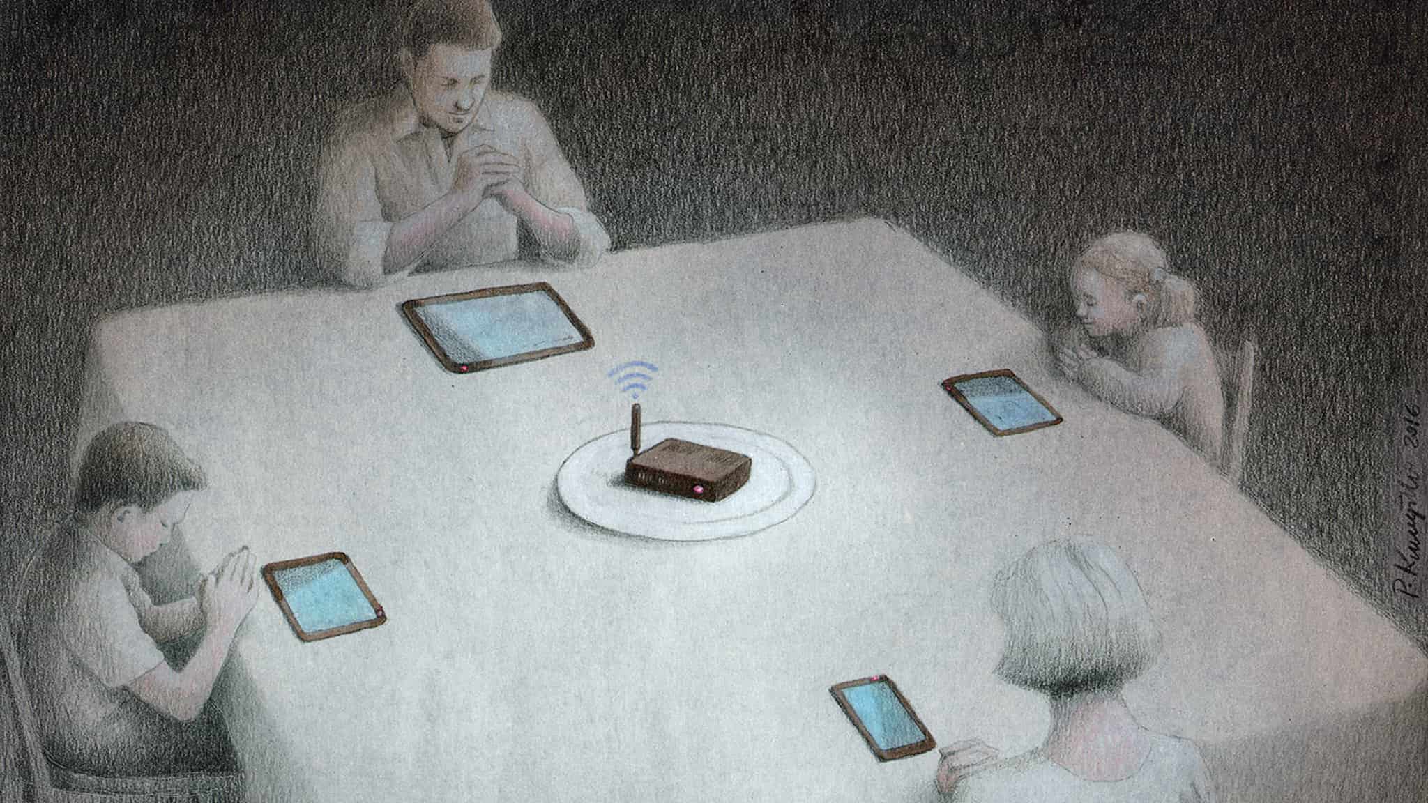 Does Technology Make Us More Alone? Dark Humor Illustration About Technology Of A Family Saying Grace Before Dinner As They Pray To Their Phones And WiFi Router