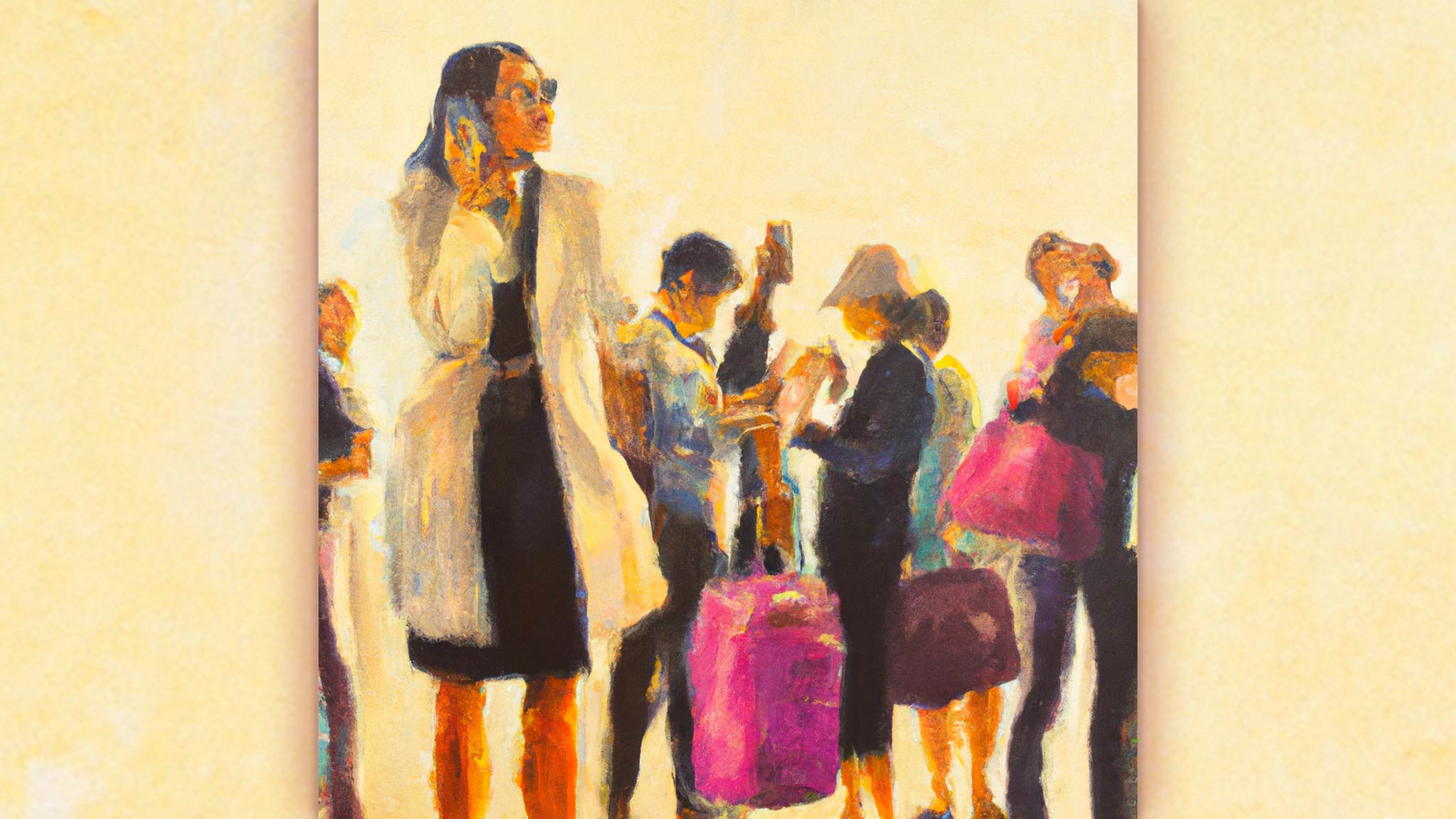 Impressionist Oil Painting Of Travelers In Busy Airport, International Relocation Concept