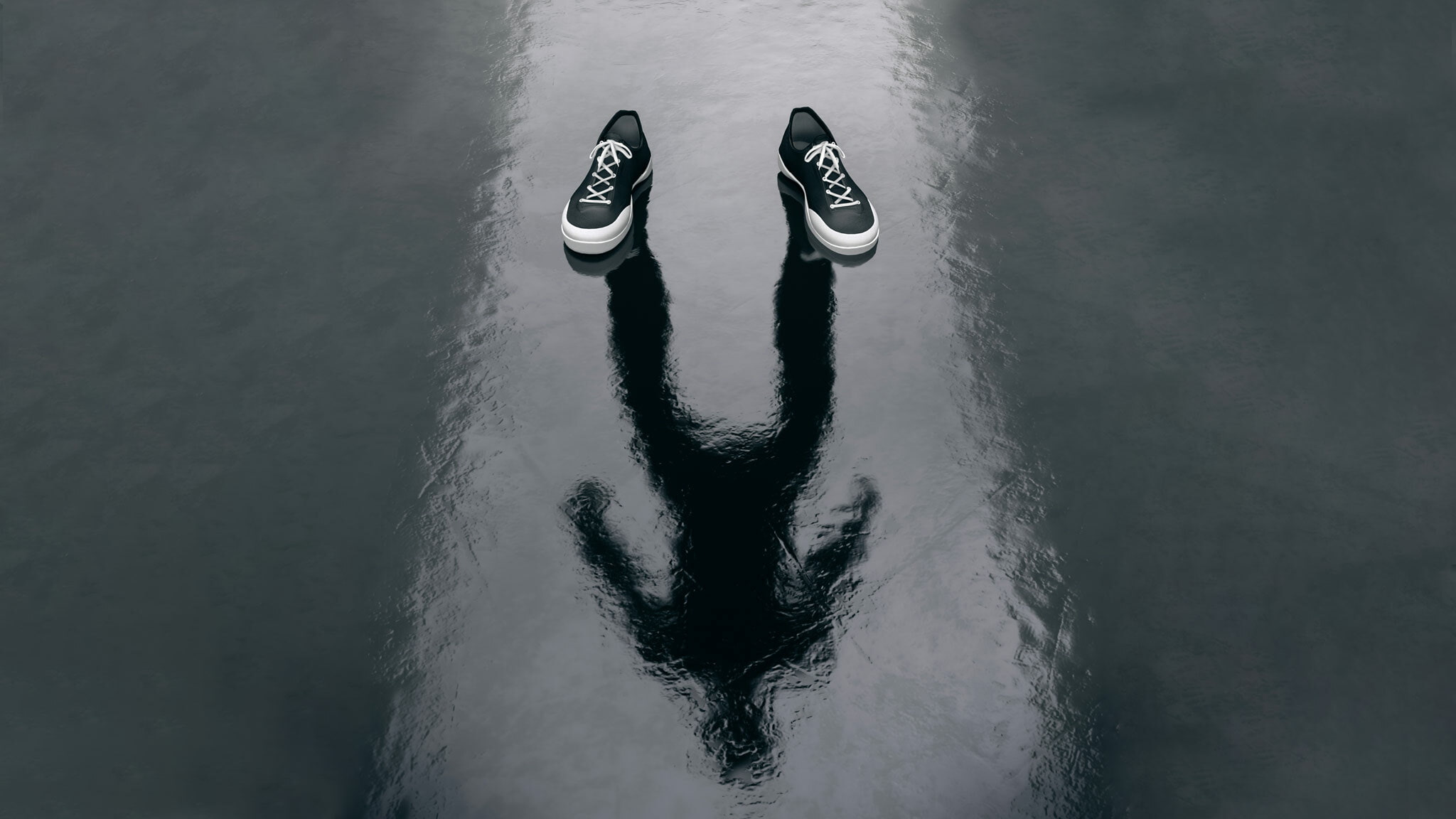 Illustration Of Sneakers On Wet Pavement With The Reflection Of Man's Shadow Standing In Them