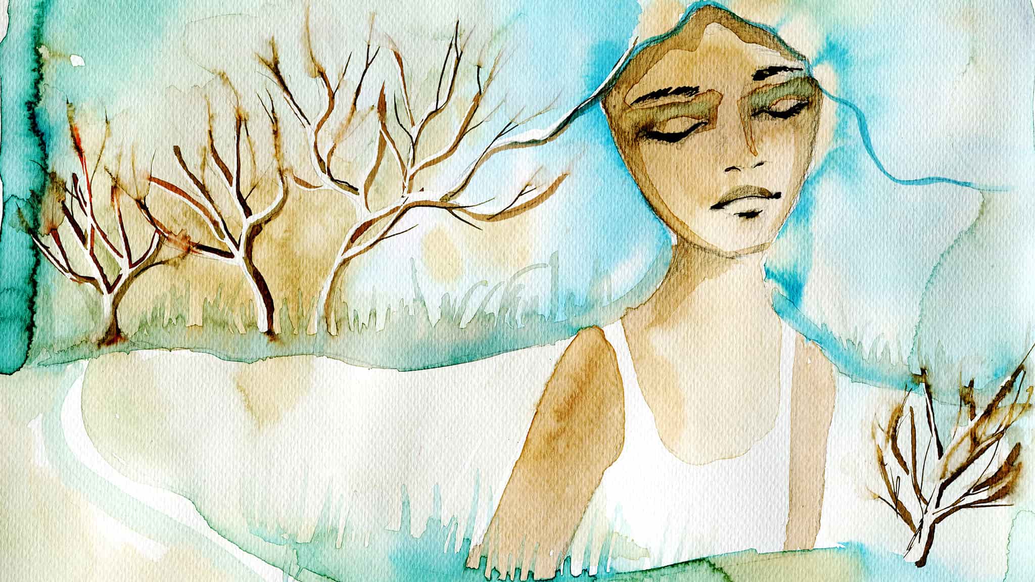 What I Learned About Grief Loneliness After Withstanding Loss A Watercolor Painting Of A Winter Scene Rendered In Shades Of Blue, Brown, And White Portrays A Somber Young Woman With Her Eyes Closed And A Sad Expression On Her Face