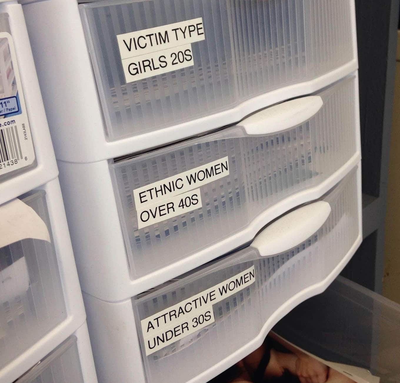 Photograph Of File Cabinet In Casting Office With One Drawer Labeled "Attractive Women Under 30s"