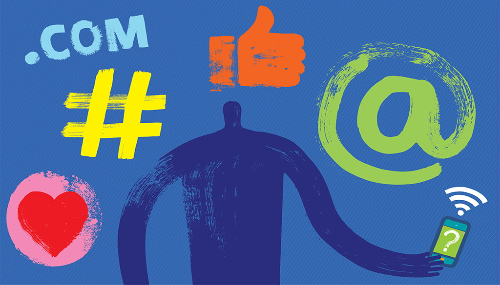 Illustration Of Various Social Media And Internet Icons With A Figure In The Middle Holding A Phone