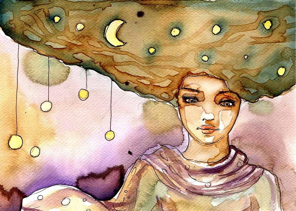 abstract watercolor painting of pensive young woman with crescent moon and stars in her hair signifying being in her own autistic world