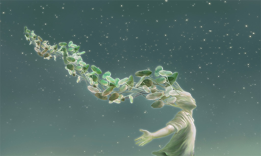 Silhoutte Illustration Of Man Sprouting A Long Chain Of Leaves From His Head, Growth Concept