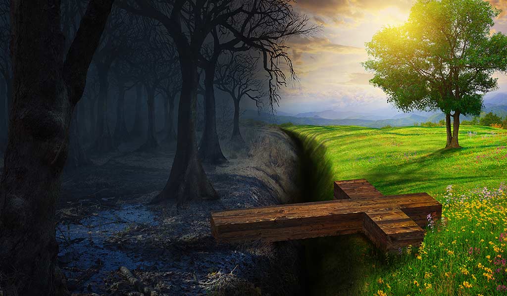 Cold Desolate Landscape Joined With Sunny Green Landscape Bridged By A Wooden Cross