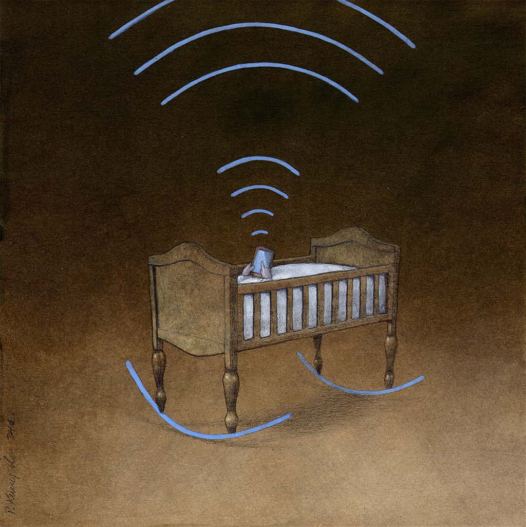 Dark Humor Illustration Of A Baby In A Crib Playing On A Cell Phone With WiFi Signals Coming Out Of The Phone And Crib