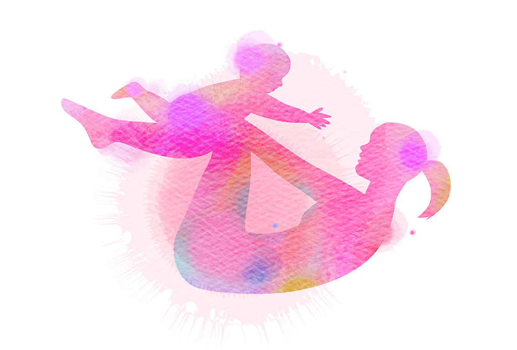 Illustrated Watercolor Silhouette Of Woman Rocking On Her Back While Holding A Baby Above Her
