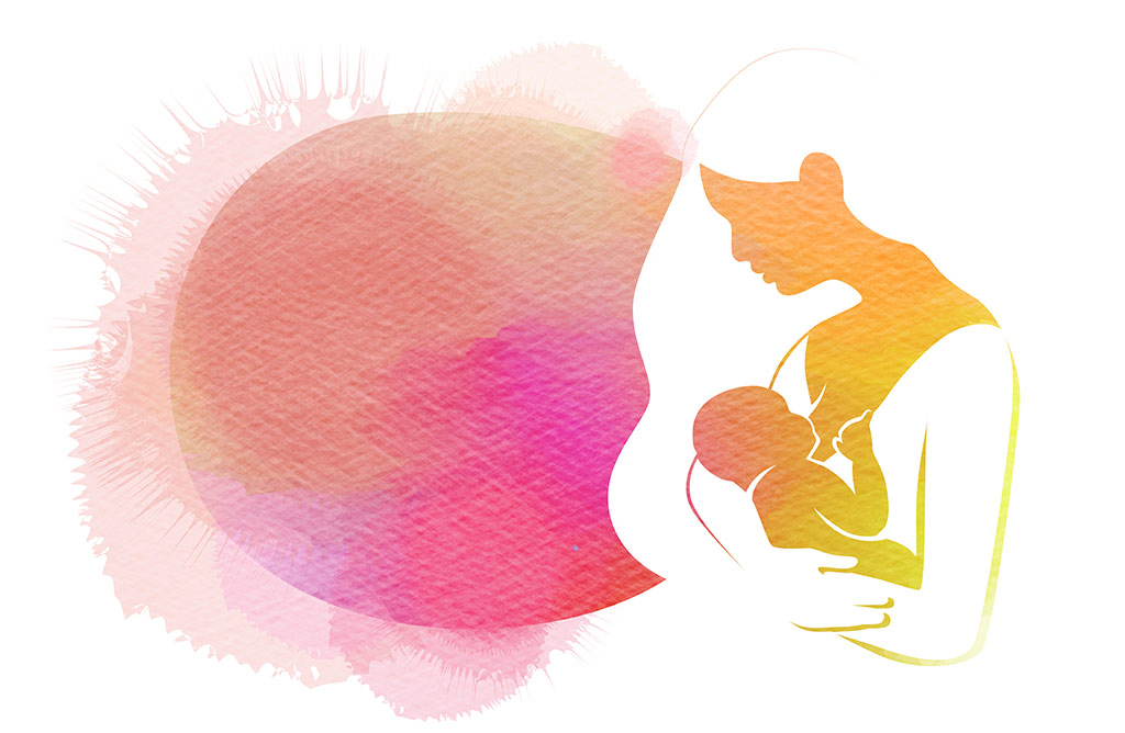 Illustrated Watercolor Silhouette Of Woman Breastfeeding Baby In Pink And Red Hues