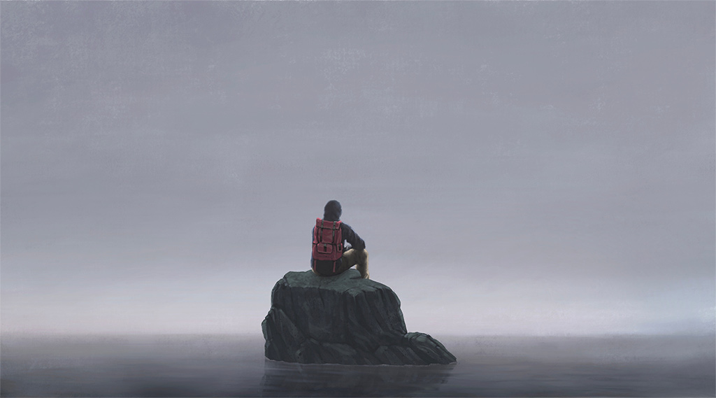 painting of a man sitting on a rock, experiencing his solitude without being lonely