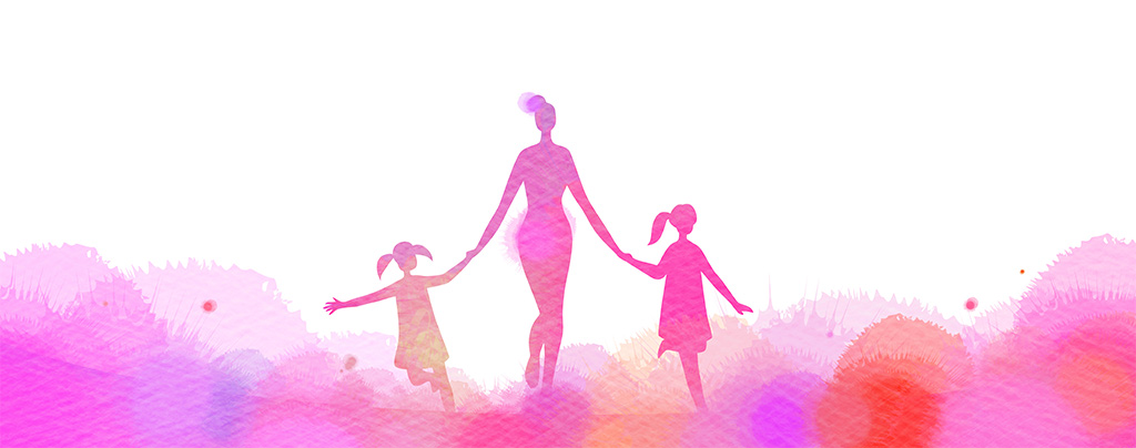 Illustrated Watercolor Silhouette Of Woman Walking Hand-In-Hand With Two Young Girls