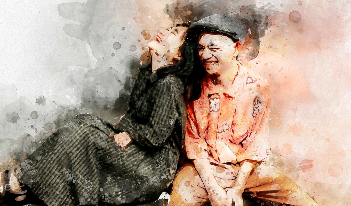 Watercolor Portrait Of Two Asian People Leaning On One Another And Laughing