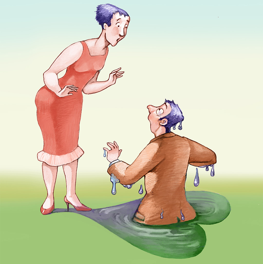 whimsical illustration of a woman looking down in surprise at her man who is sinking into the ground, symbolizing his emotional baggage dragging him down into relationship self sabotage