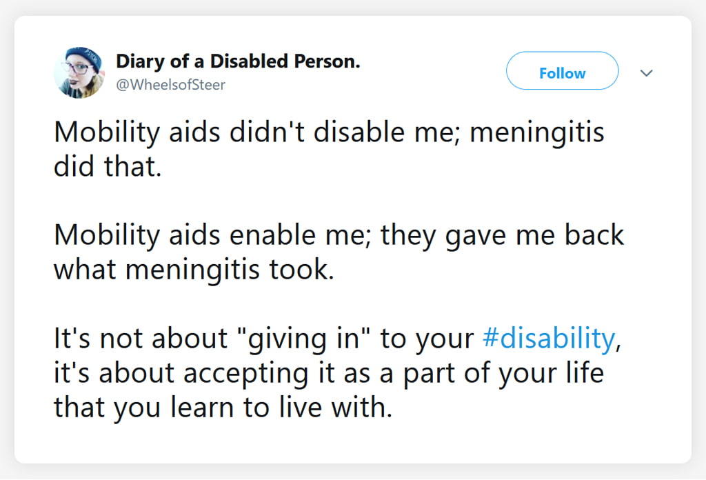 screenshot of a tweet showing the diary of a disable person not feeling the need to "give in" to their disability