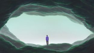 Surreal Illustration Of A Man Standing Alone In A Large Cave