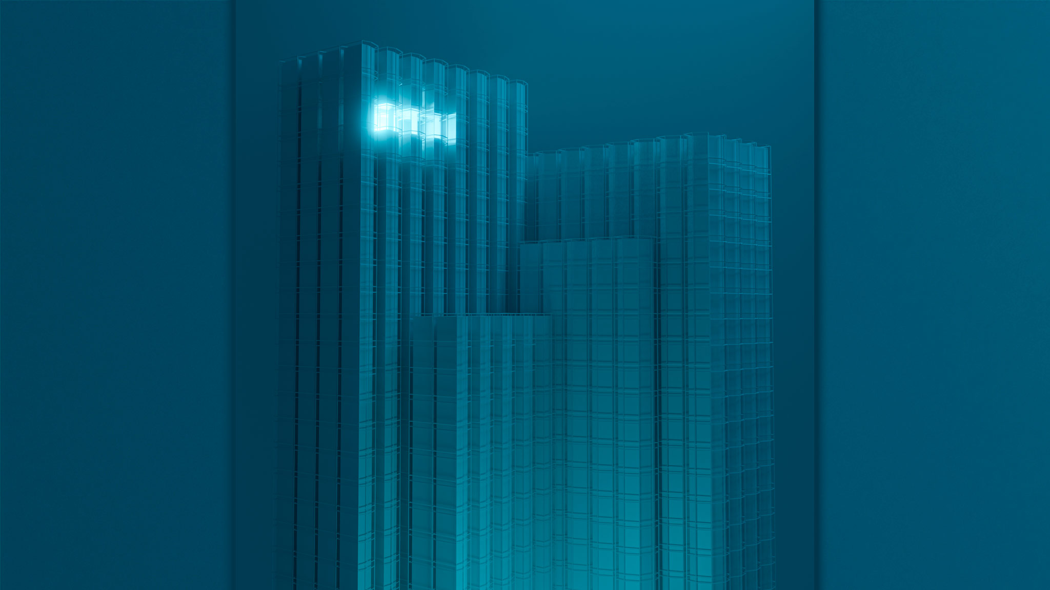 Moody Illustration Of Skyscrapers At Night With Only A Single Row Of Windows Lit At The Top Level