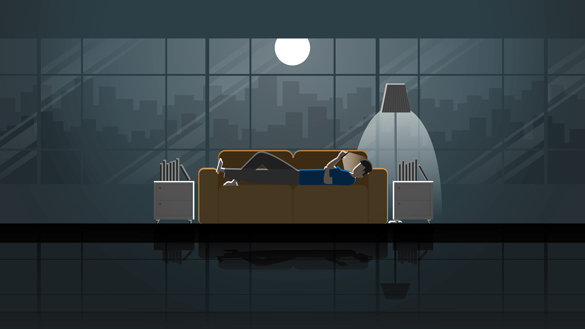 Vector Illustration Of Man Laying On Couch Alone With Moonlight Cityscape Visible Through Vast Windows, Loneliness Concept