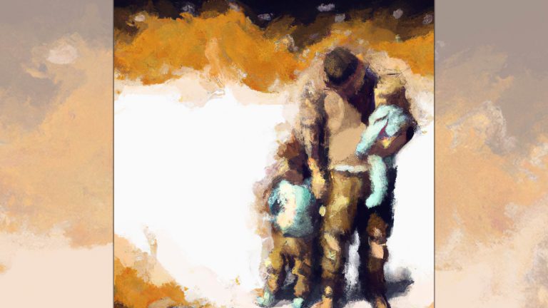 Impressionist Oil Painting Of Man With Two Small Children, Single Father Concept