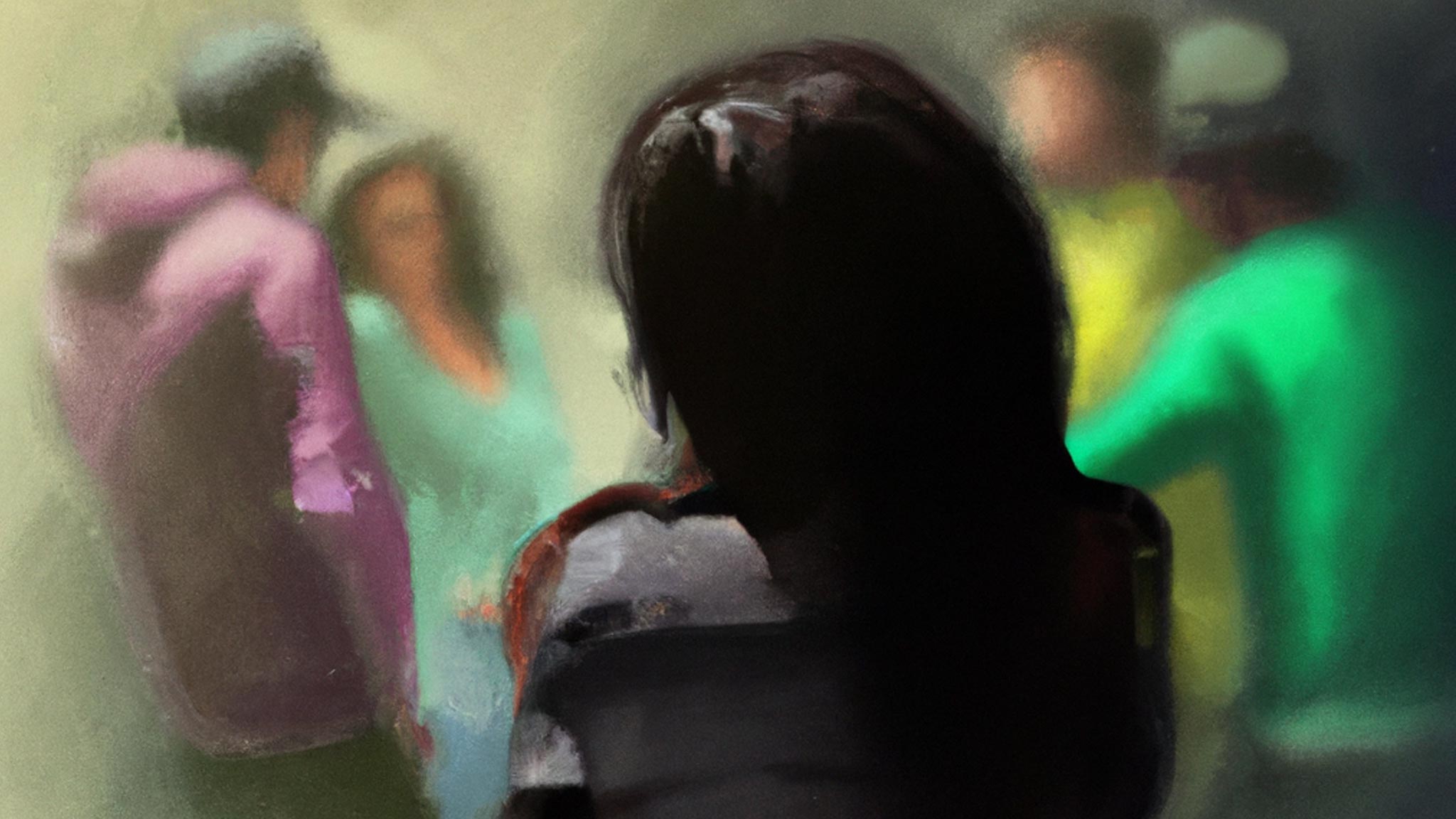 Rear-View Painting Of Woman Looking Toward Distant Group Of People Talking To One Another
