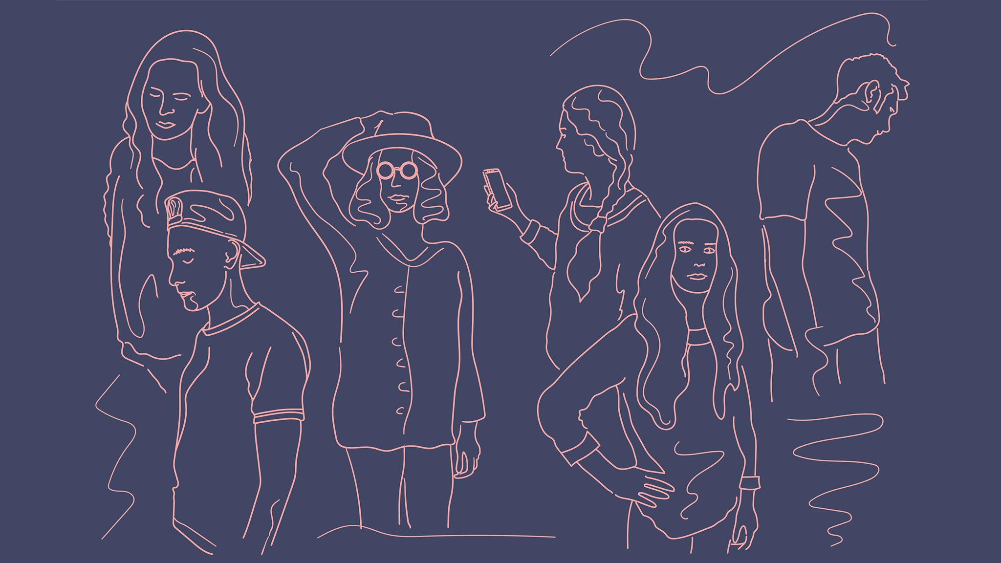 Vector Line Sketch Of Six Young Adults In Various Poses, Each Alone In Contemplation