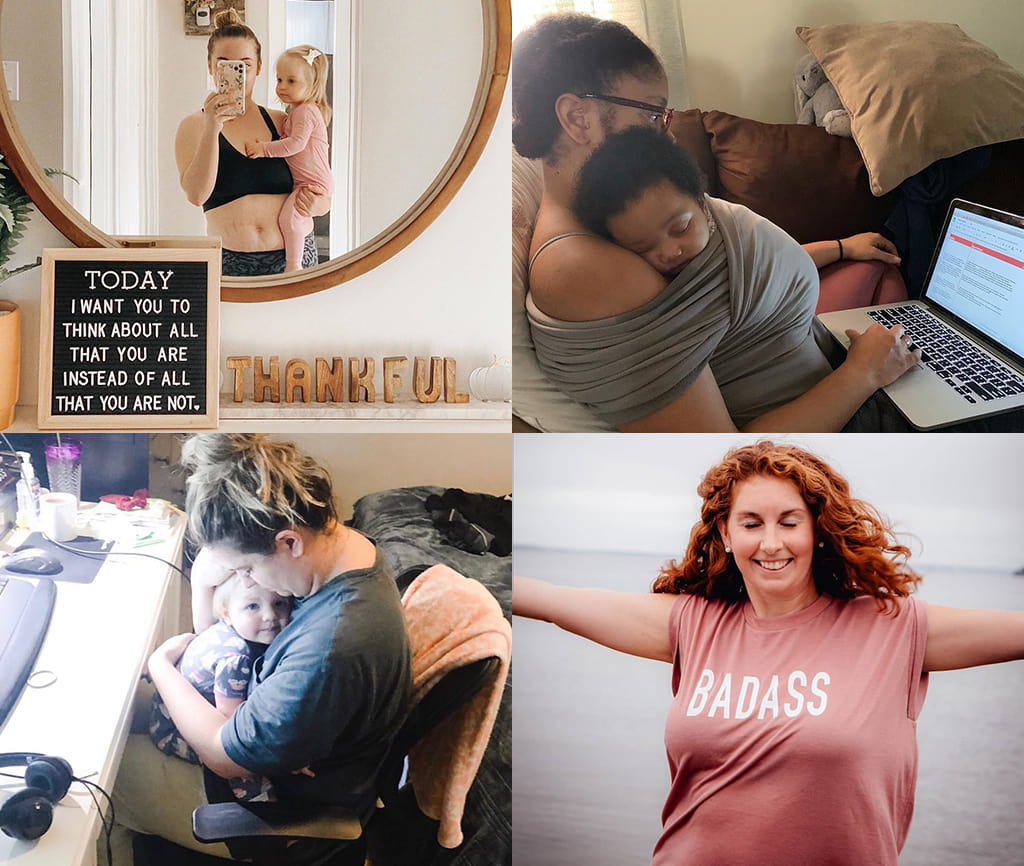 montage of 4 images of moms being super moms but also being okay with letting go of that term to be a mo that also takes care of their own selves