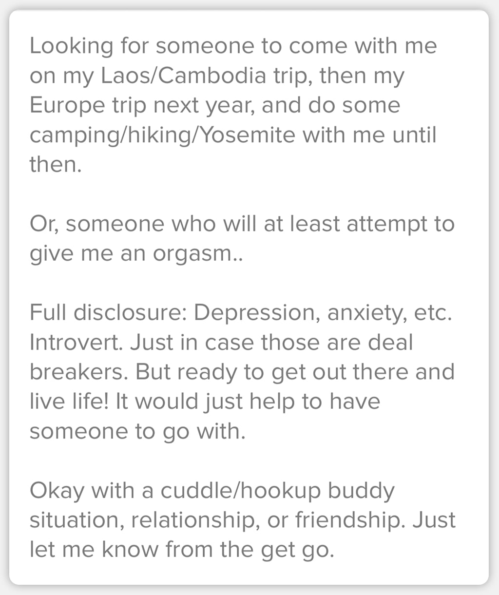 screenshot of an online dating profile depicting low self esteem as an example of what not to do online