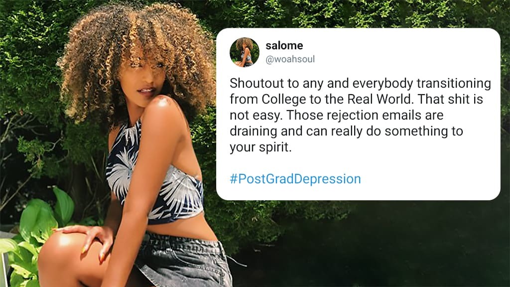 social media post of a woman giving a shoutout to people transitioning from college to the real world and acknowledging its difficulty