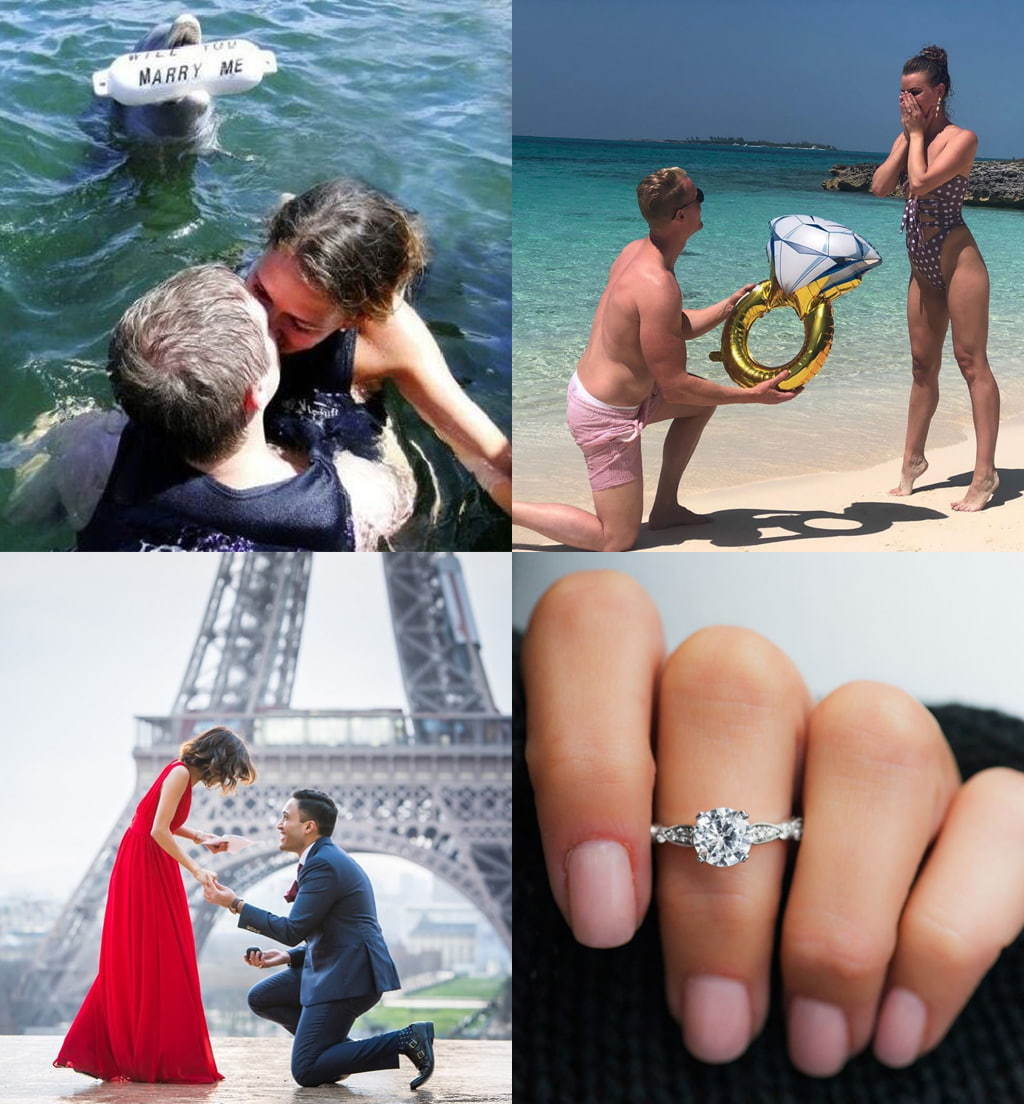 Montage Of 4 Images Showing Four Different Couples In Various Stages Of An Elaborate Wedding Proposal