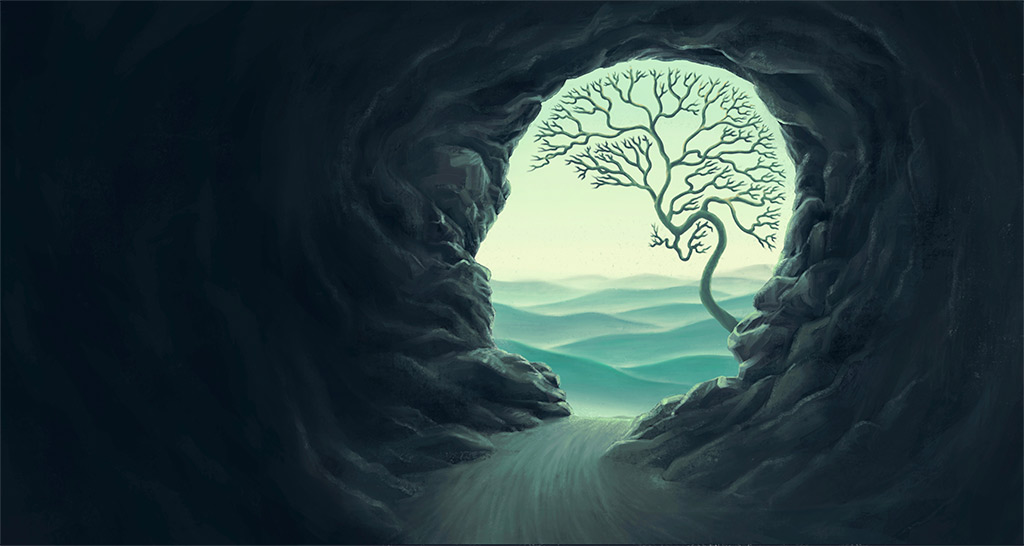 painting of a cave opening with a tree symbolizing a brain on solitude