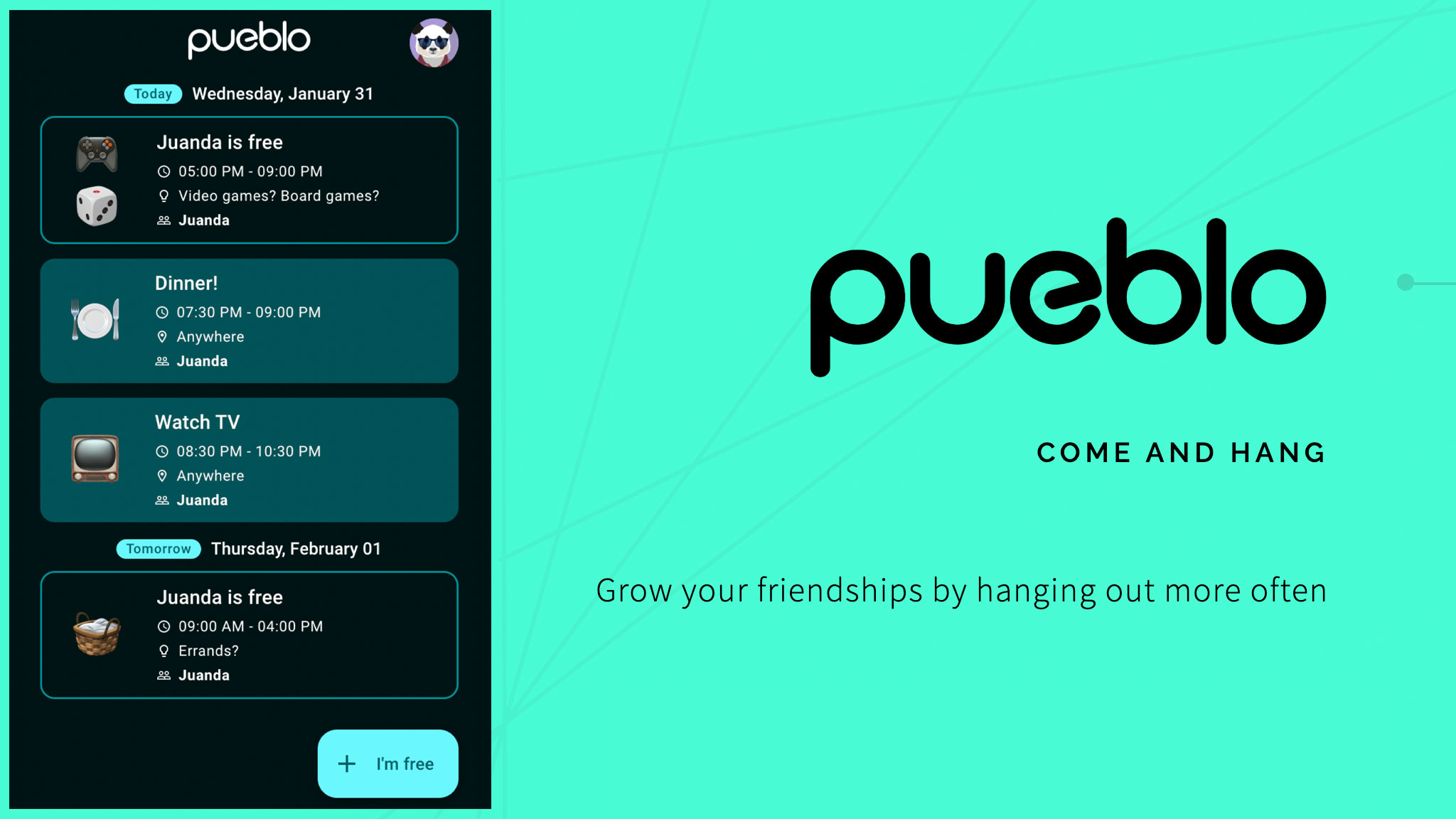 split-screen with a screenshot of the pueblo app in use on the left and the pueblo logo on the right